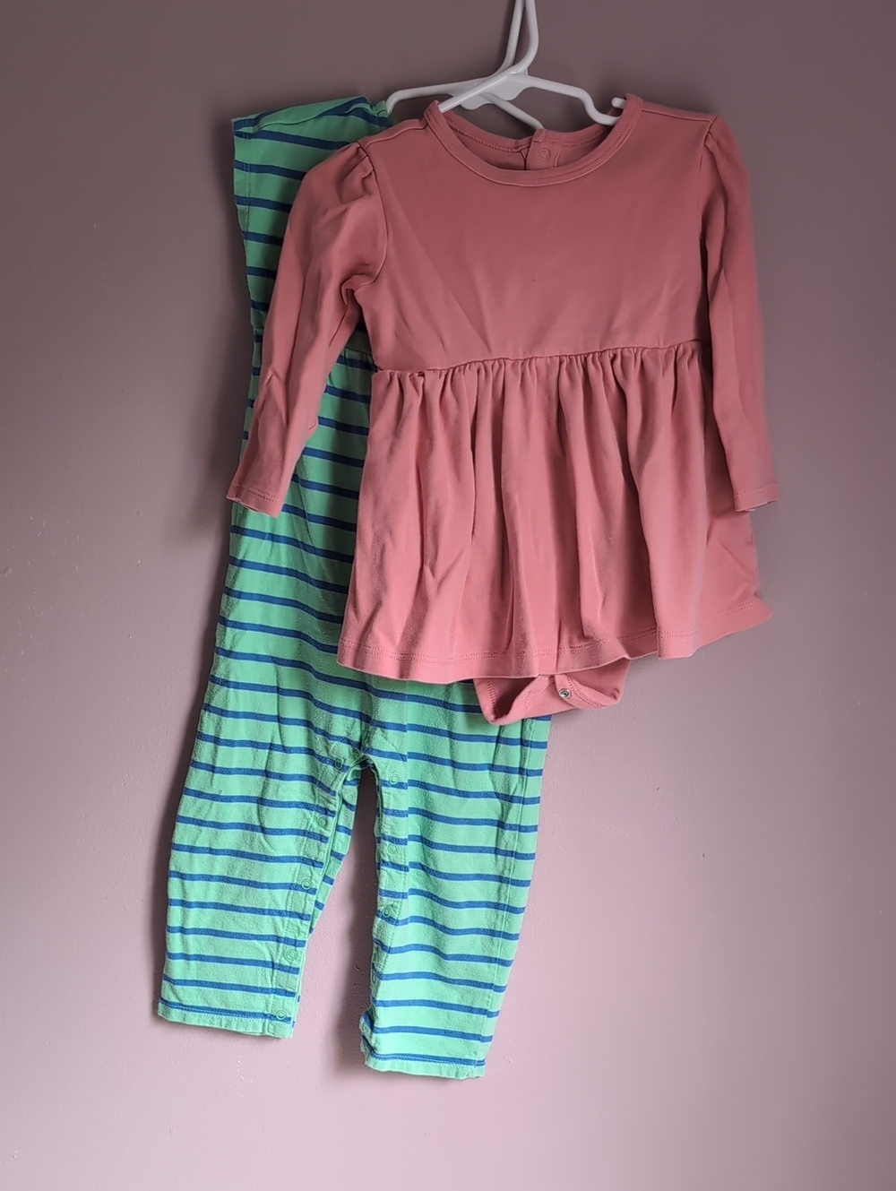 Kids Long Sleeve Pink Peplum Bodysuit with Green Striped Pants Set